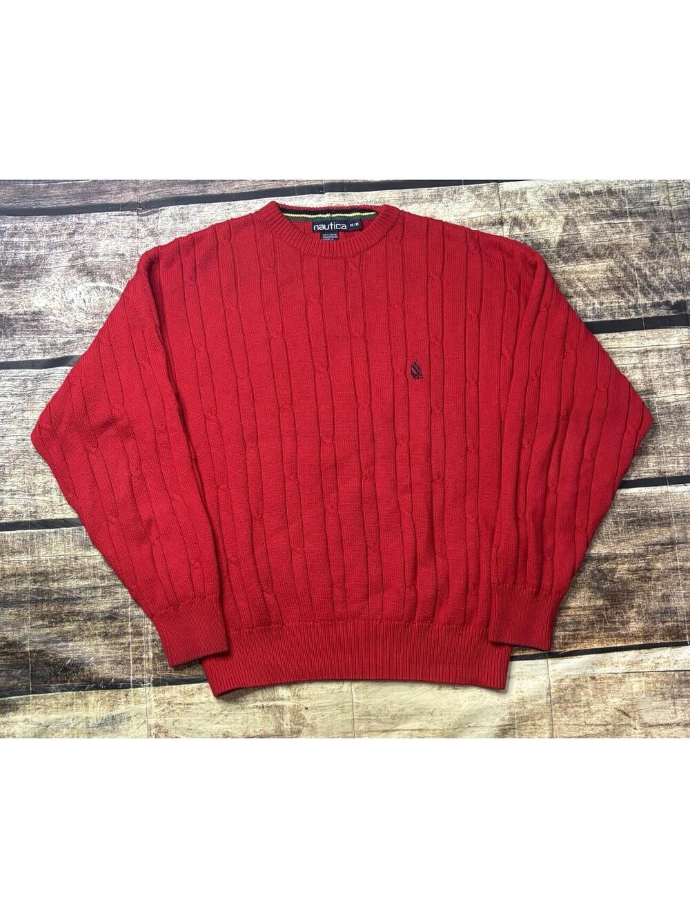 VTG Nautica Sweater Mens Medium Cable Knit Cotton Crew Neck Pullover Red